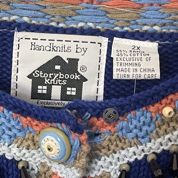Storybook Knits HSN Cardigan Blue Geometric Embroidered Beaded Sweater Sz 2X NEW - Picture 3 of 11